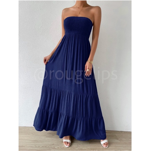 Strapless Maxi Dress Long Navy Blue Shirred Top Flared - Picture 5 of 8